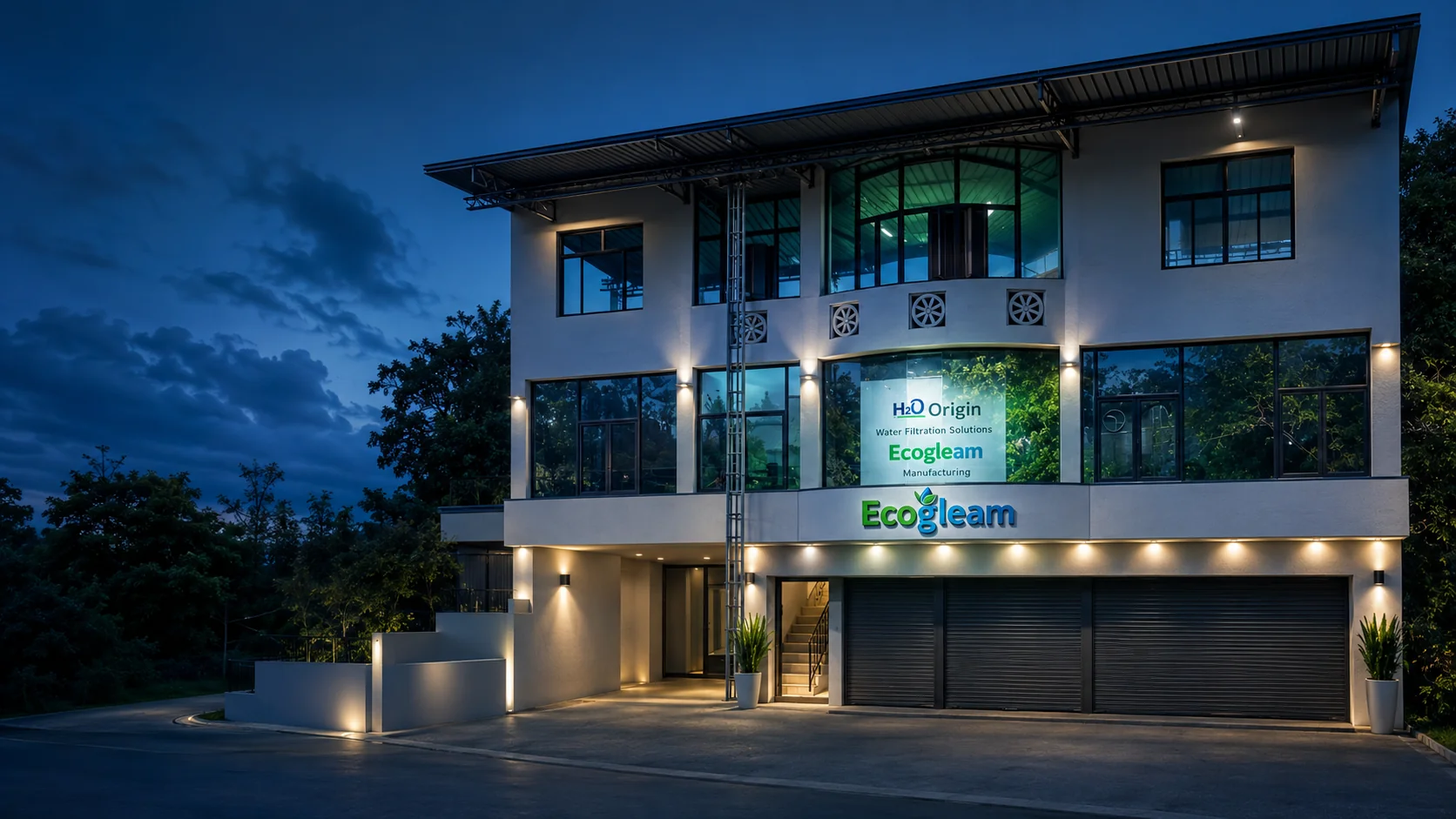 The Ecogleam Manufacturing facility at dusk, with H2O Origin and Ecogleam signage